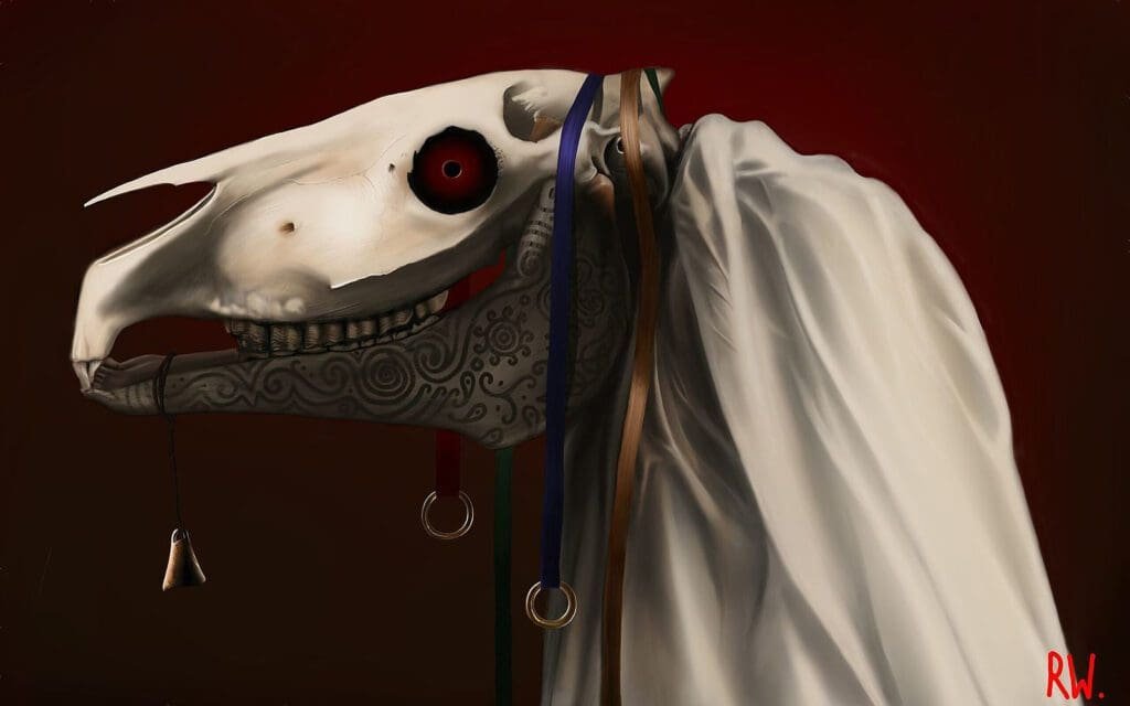 an illustration of Mari Lwyd – Wales lore.