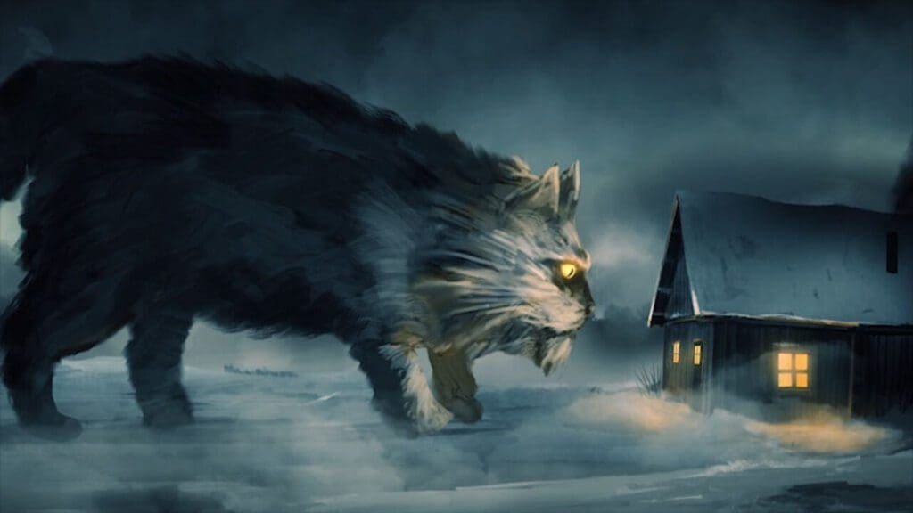 A illustration of the Yule Cat from Icelandic lore.