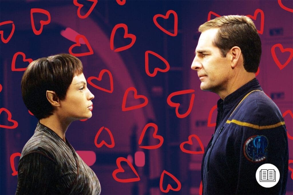 Two characters from Star Trek surrounded by hearts and love.