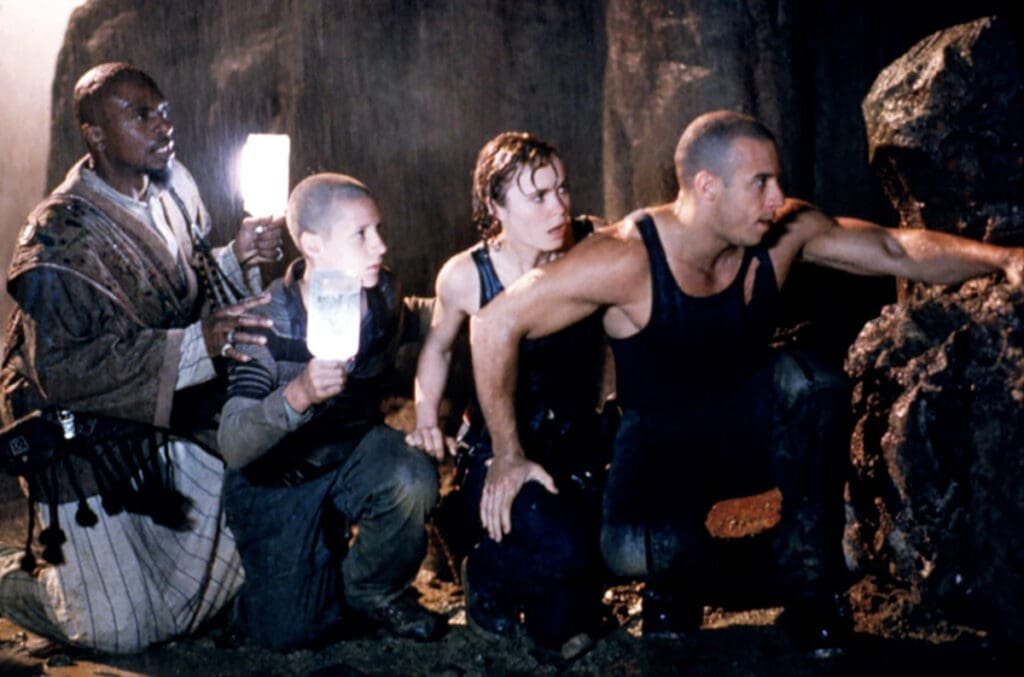 A shot from the movie, Pitch Black (2000) featuring Vin Diesel.