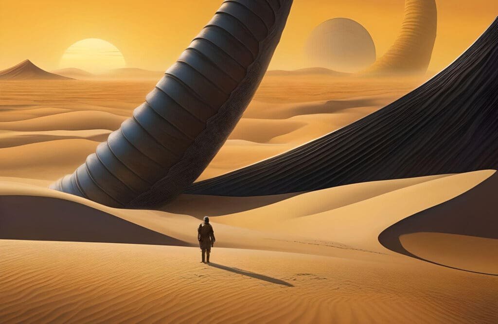A graphic featuring a scifi scene in sand calling out Dune.